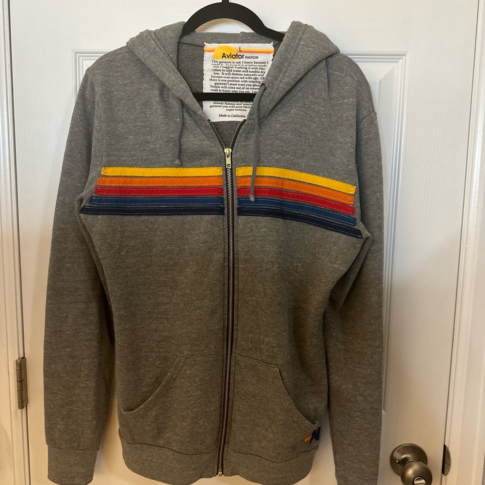 Aviator Nation Heathered Gray 5 Stripe classic zip up hoodie sweatshirt l